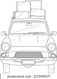 Retro vintage car with moving boxes sketch. Vector illustration in black and white. Coloring paper, page, book