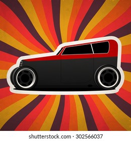 Retro vintage car on colorful abstract rays background.