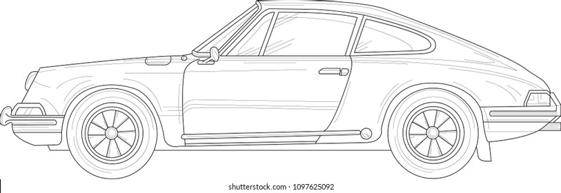 Retro vintage car with outlines. Vector illustration in black and white. Coloring paper, page, book