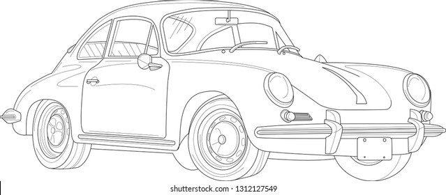 Retro vintage car with outlines. Vector illustration in black and white. Coloring paper, page, book