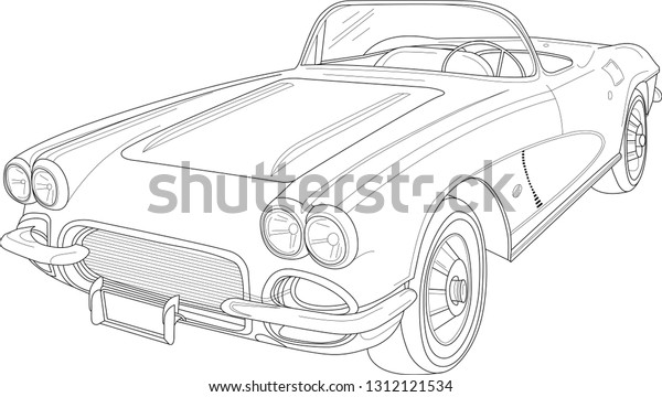Retro vintage car with\
outlines. Vector illustration in black and white. Coloring paper,\
page, book