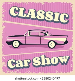 Retro vintage car poster in trendy pink color