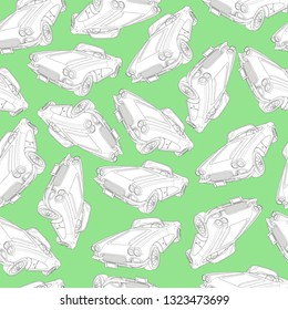 Retro vintage car seamless pattern. Vector illustration in black and white on green background