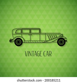 Retro vintage car with shadow isolated on triange geometric texture, classic garage sign vector illustration background, can be used for design, card, infographic