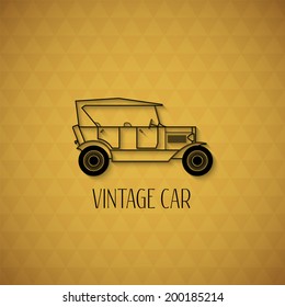 Retro vintage car with shadow isolated on triange geometric texture, classic garage sign vector illustration background, can be used for design, card, infographic