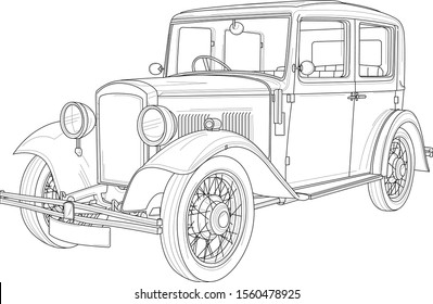 Retro vintage car sketch. Vector illustration in black and white. Coloring paper, page, book