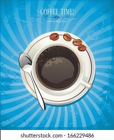 Retro vintage card with cup coffee. Vector illustration