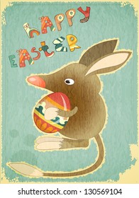 Retro Vintage Card with Easter Australian Bilby and Egg. Hand Lettering Happy Easter. Vector Illustration.