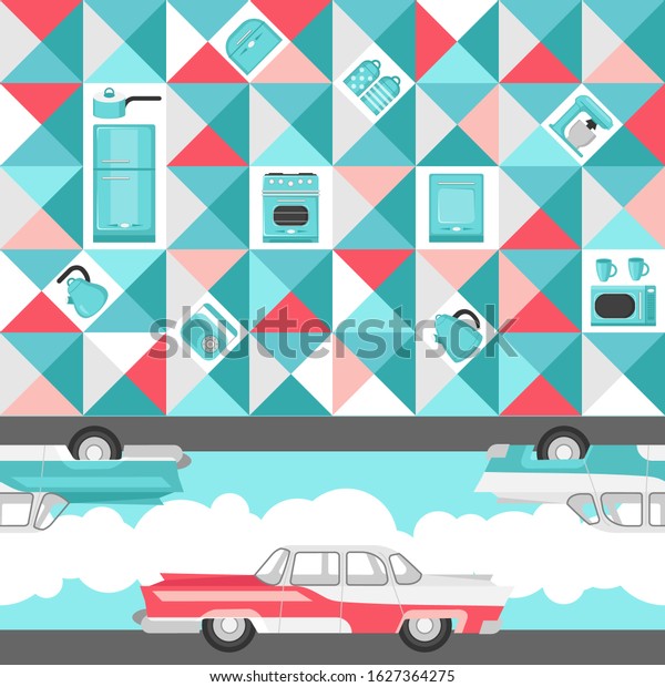 Retro vintage cars and kitchen tools.\
Vector seamless pattern with angle ornament and illustrations of\
automobiles, oven, mixer, teapot, refrigerator,\
radio