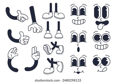 Retro Vintage Cartoon Character Design Elements. Eyes, Hands, and Feet Vector Set