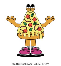 Retro vintage cartoon character Pizza. Cute mascot with psychedelic smile and emotion. Funky vector illustration in groovy style