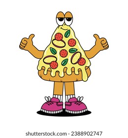 Retro vintage cartoon character Pizza. Cute mascot with psychedelic smile and emotion. Funky vector illustration in groovy style