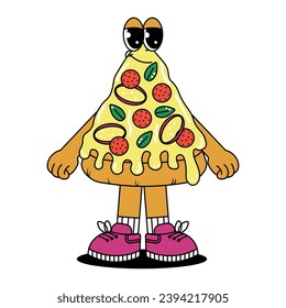 Retro vintage cartoon character Pizza. Cute mascot with psychedelic smile and emotion. Funky vector illustration in groovy style