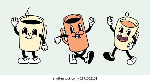 Retro vintage cartoon funny cute character coffee mascot set