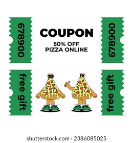 Retro vintage cartoon Gift Voucher and Coupon with character Pizza. Cute mascot with psychedelic smile and emotion. Funky vector illustration in groovy style