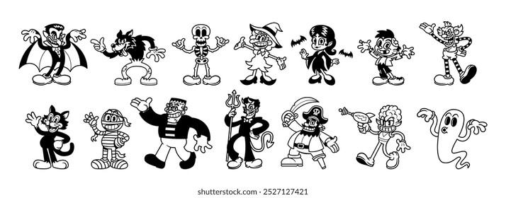 Cartoon Retro Vintage Halloween Personagens Ilustração Isolado