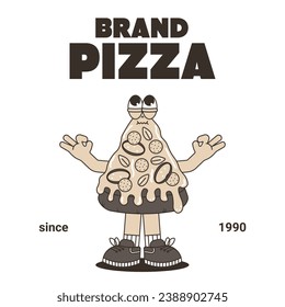 Retro vintage cartoon logo with character Pizza. Cute mascot with psychedelic smile and emotion. Monochrome palette. Funky vector illustration in groovy style