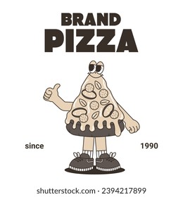 Retro vintage cartoon logo with character Pizza. Cute mascot with psychedelic smile and emotion. Monochrome palette. Funky vector illustration in groovy style