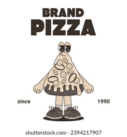 Retro vintage cartoon logo with character Pizza. Cute mascot with psychedelic smile and emotion. Monochrome palette. Funky vector illustration in groovy style