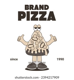 Retro vintage cartoon logo with character Pizza. Cute mascot with psychedelic smile and emotion. Monochrome palette. Funky vector illustration in groovy style