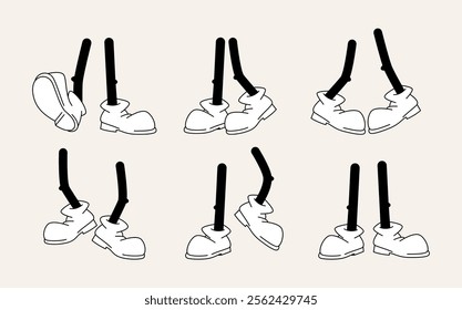 Retro or vintage cartoon personage or mascot parts of body. Vector isolated legs wearing footwear. Set of motion and movements for animation, strolling or walking person with thin ankles