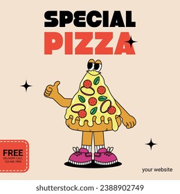 Retro vintage cartoon poster with character Pizza. Cute mascot with psychedelic smile and emotion. Funky vector illustration in groovy style