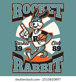 Retro vintage cartoon walking rabbit holding ball mascot character for logo, t-shirt print or poster design. Vector illustration