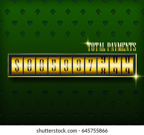 Retro vintage casino table template with rotating numbers. Total payments. Vip style with glow. Isolated on green background. Can be used in web, flyers, banners. Vector illustration.