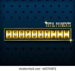 Retro vintage casino table template with rotating numbers. Total payments. Vip style with glow. Isolated on green background. Can be used in web, flyers, banners. Vector illustration.