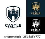 Retro vintage castle with shield logo vector, Castle or Fortress logo design template