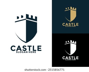 Retro vintage castle with shield logo vector, Castle or Fortress logo design template