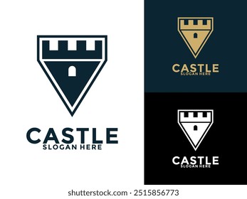 Retro vintage castle with shield logo vector, Castle or Fortress logo design template