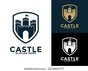 Castelo vintage retrô com vetor de logotipo de escudo, Castelo ou modelo de design de logotipo de fortaleza