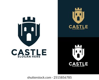 Retro vintage castle with shield logo vector, Castle or Fortress logo design template