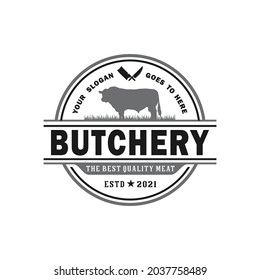 Retro Vintage Cattle , Angus , Beef Emblem Label Logo Design Vector