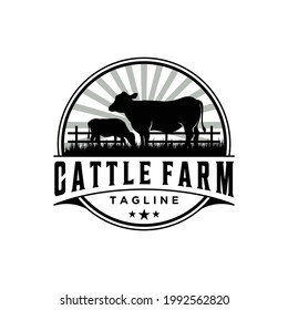 Retro Vintage Cattle Farm , Beef Emblem Label logo design