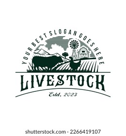 Retro Vintage Cattle Farm Logo Design Illustration, Vector