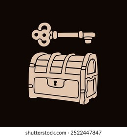 Retro, vintage Chest and key. Antique Wooden Box. Hand drawn modern Vector illustration. Isolated design element. Print, logo, icon, design template. Treasure, jewelry, secret loot box concept