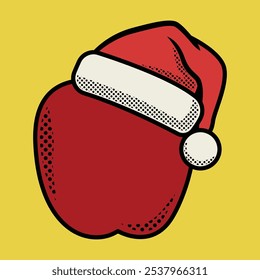 Retro Vintage Christmas Apple Vector – Apple with Santa Hat, Festive Holiday Illustration
