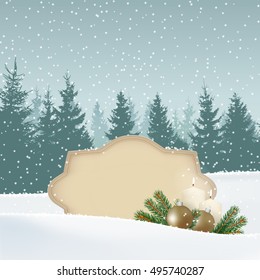 Retro, vintage Christmas greeting card, invitation. Snowy winter landscape with forest, paper label for text, candles, spruce tree branches, Christmas balls, baubles. Vector illustration background.