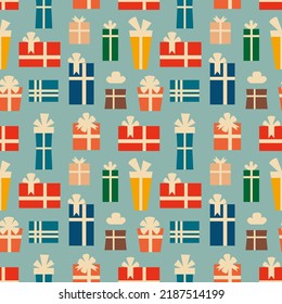 Patrón de Navidad retro vintage con cajas de regalo. Patrón festivo de Navidad. Ilustración del vector