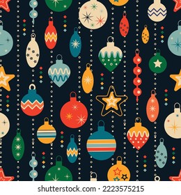 Retro vintage Christmas pattern with tree toys. Christmas seamless background