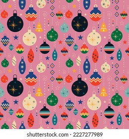 Retro vintage Christmas pattern with tree toys. Christmas seamless background