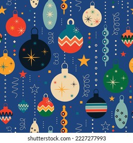 Retro vintage Christmas pattern with tree toys. Christmas seamless background