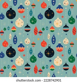 Retro vintage Christmas pattern with tree toys. Christmas seamless background
