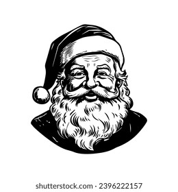 Retro Vintage Christmas Santa Claus, in Black and White, Vector Line Art, Illustration, black outline, silhouette, 1950s mid century modern Santa Claus