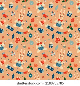 Retro vintage Christmas seamless pattern with Rabbits and Christmas decorations . Vector illustration