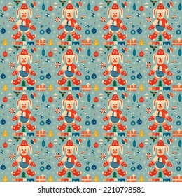 Retro Vintage Weihnachten nahtlose Muster mit Kaninchen und Weihnachtsdekorationen . Vektorgrafik