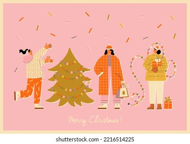 Retro vintage Christmas and Winter greeting card in 70s-80s style. Flat vector illustration.