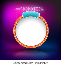 Retro Vintage Circle Frame Promotion Neon - Light Bulb Shimmering Casino Or Cinema Theater Sign. Vector Illustration